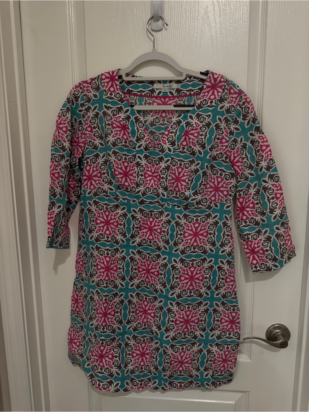 Boden Linen Teal, Pink and Black Geometric V-Neck Tunic
